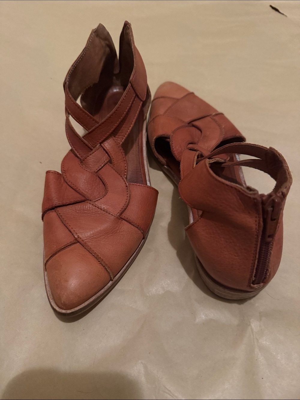 Free People Cognac Brown Leather Woven Pointed Flats